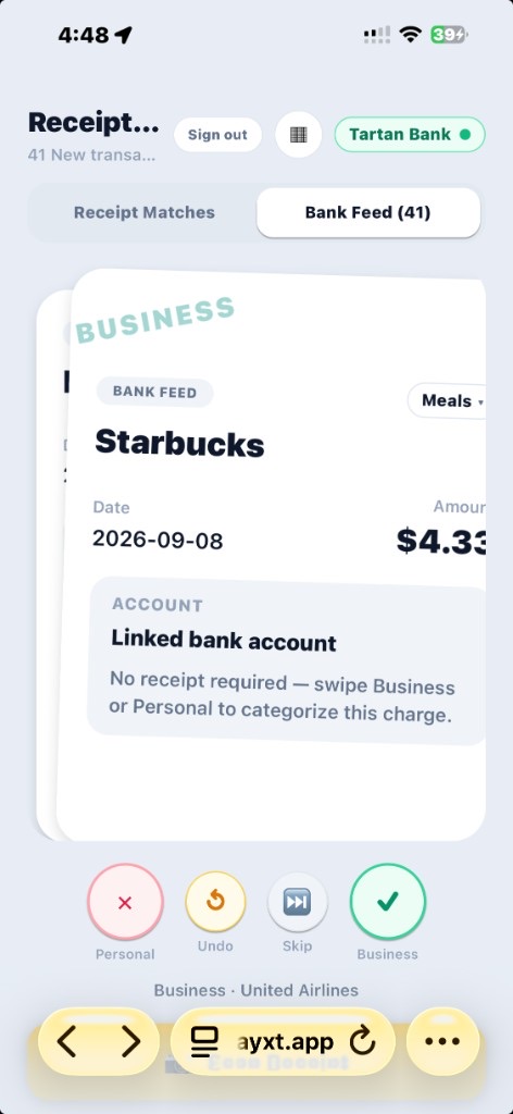 Bank Feed triage card for Starbucks swiped toward Business with Personal Undo Skip Business controls