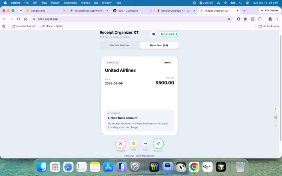 Bank Feed card for United Airlines travel charge with note that no receipt is required