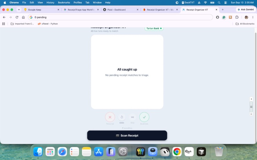Receipt Organizer XT dashboard with connected bank, Scan Receipt, and header controls including ledger access