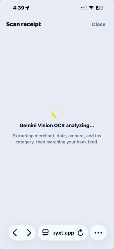 Scan receipt processing screen: Gemini Vision OCR analyzing merchant, date, amount, and bank match