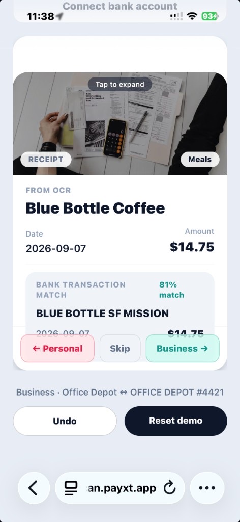Receipt match triage card showing Blue Bottle Coffee OCR data, 81% bank match, and Personal Skip Business actions